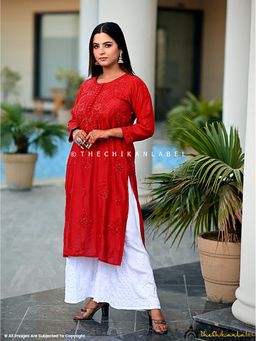 The Chikan Label - Aniya Chanderi Chikankari Straight Red Kurta