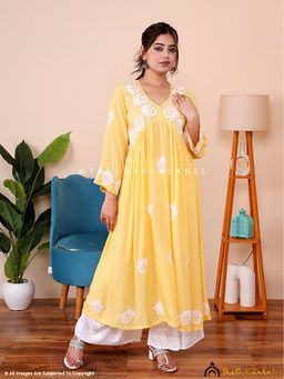 The Chikan Label - Aina Modal Chikankari Alia Cut A-Line Yellow Kurta