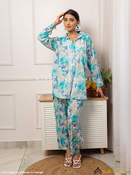 The Chikan Label - Nadira Mulmul Cotton Chikankari Blue Shirt with Pant Co-Ord Set