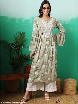 The Chikan Label - Zoha Mulmul Cotton Chikankari A-Line Green Kurta