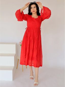 The Chikan Label - Nisa Mulmul Chikankari A-Line Red Kurta