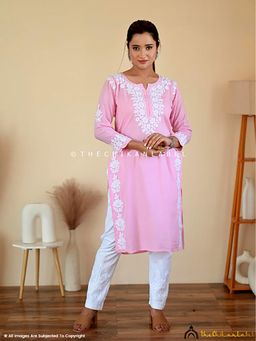 The Chikan Label - Aisha Rayon Chikankari Straight Pink Kurta
