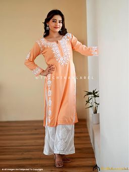 The Chikan Label - Aisha Rayon Chikankari Straight Orange Kurta