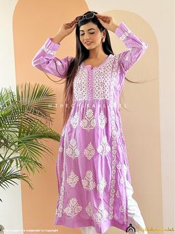 The Chikan Label - Amulya Cotton Chikankari Nyra Cut Straight Lavender Kurta