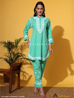 The Chikan Label - Rumi Organic Cotton Chikankari Green Kurti with Pant Co-Ord Set