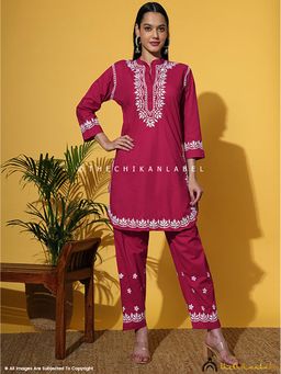 The Chikan Label - Rumi Organic Cotton Chikankari Rani Pink Kurti with Pant Co-Ord Set