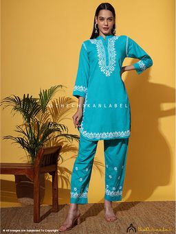 The Chikan Label - Rumi Organic Cotton Chikankari Sea Green Kurti with Pant Co-Ord Set
