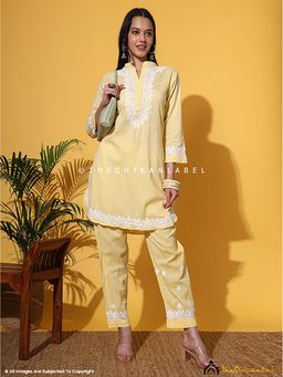 The Chikan Label - Rumi Organic Cotton Chikankari Yellow Kurti with Pant Co-Ord Set