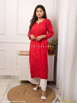 The Chikan Label - Bindiya Crepe Chikankari Straight Red Kurta