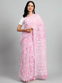 The Chikan Label - Sahida Pink Authentic Chikankari Full Jaal Saree with Unstitched Blouse