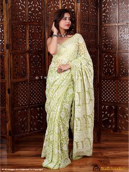 The Chikan Label - Green Sahida Georgette Chikankari Full Jaal Saree with Unstitched Blouse