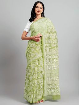 The Chikan Label - Sahida Light Green Authentic Chikankari Full Jaal Saree with Unstitched Blouse