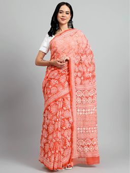 The Chikan Label - Sahida Peach Authentic Chikankari Full Jaal Saree with Unstitched Blouse