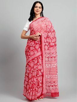 The Chikan Label - Sahida Red Authentic Chikankari Full Jaal Saree with Unstitched Blouse