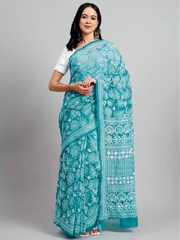 The Chikan Label - Sahida Teal Authentic Chikankari Full Jaal Saree with Unstitched Blouse