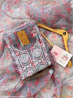 The Chikan Label - Grey Ahyana Printed Organza Chikankari Unstitched Kurti with Dupatta
