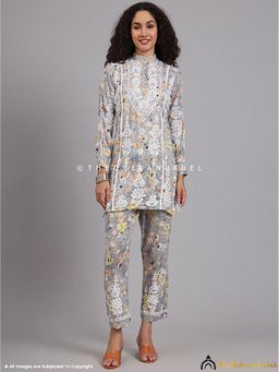 The Chikan Label - Yashi Mulmul Printed Chikankari Yellow Kurti with Pant Co-Ord Set