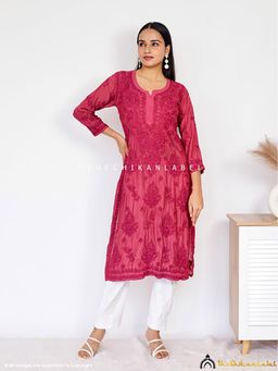 The Chikan Label - Daksha Muslin Chikankari Straight Maroon Kurta
