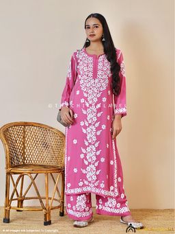 The Chikan Label - Kashish Modal Chikankari Onion Pink Kurta with Palazzo Co-Ord Set