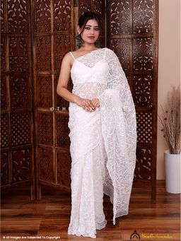 The Chikan Label - White Kasmira Georgette Chikankari Tepchi Saree with Unstitched Blouse