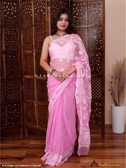 The Chikan Label - Pink Ifrah Georgette Chikankari Saree with Unstitched Blouse