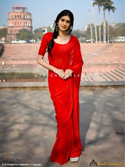 The Chikan Label - Red Maheera Viscose Chikankari Saree with Unstitched Blouse