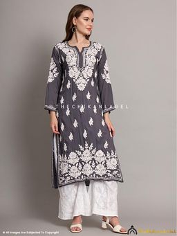 The Chikan Label - Sanaya Modal Chikankari Straight Grey Kurta