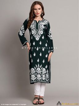 The Chikan Label - Sanaya Modal Chikankari Straight Green Kurta