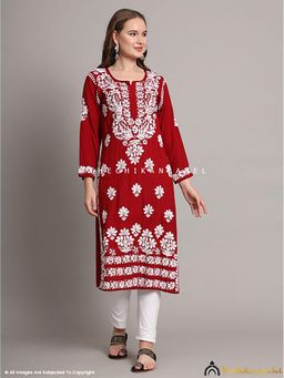 The Chikan Label - Aditi Modal Chikankari Straight Maroon Kurta