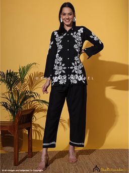 The Chikan Label - Rubi Cotton Chikankari Black Kurti with Pant Co-Ord Set
