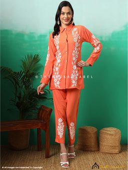 The Chikan Label - Anvika Rayon Chikankari Orange Shirt with Pant Co-Ord Set