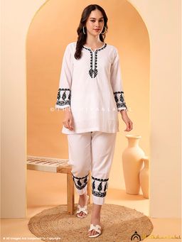 The Chikan Label - Zaynab Cotton Chikankari White Kurti with Pant Co-Ord Set