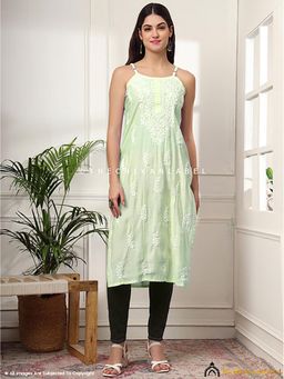 The Chikan Label - Zubaida Chanderi Chikankari Strappy Green Kurta