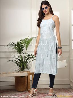 The Chikan Label - Zubaida Chanderi Chikankari Strappy Blue Kurta