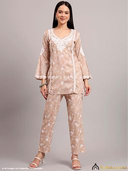 The Chikan Label - Vedika Mulmul Cotton Chikankari Beige Kurti with Pant Co-Ord Set