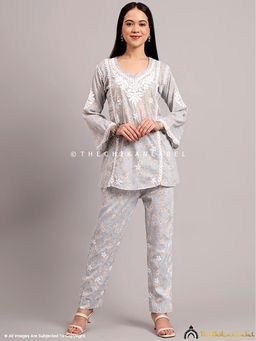 The Chikan Label - Vedika Mulmul Cotton Chikankari Grey Kurti with Pant Co-Ord Set