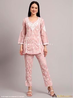 The Chikan Label - Vedika Mulmul Cotton Chikankari Pink Kurti with Pant Co-Ord Set