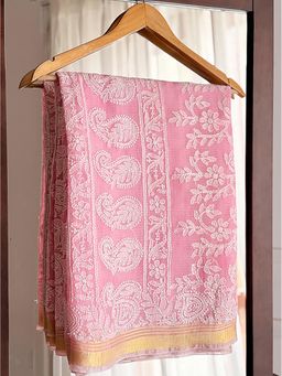 The Chikan Label - Dhruvika Pink Kota Doria Chikankari Saree with Unstitched Blouse
