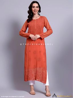 The Chikan Label - Meiraa Viscose Chikankari Straight Coral Kurta