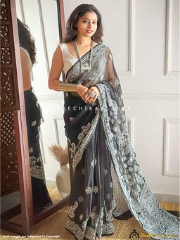 The Chikan Label - Saisha Georgette Black Authentic Chikankari Saree with Unstitched Blouse