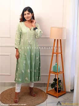 The Chikan Label - Green Isha Modal Satin Chikankari A-Line Kurta