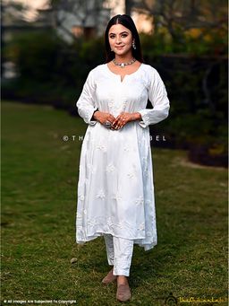 The Chikan Label - White Isha Modal Satin Chikankari A-Line Kurta