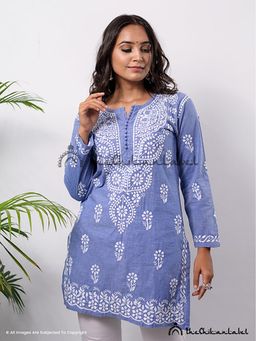 The Chikan Label - Ekaya Cambric Cotton Kashmiri Gala Chikankari Blue Tunic