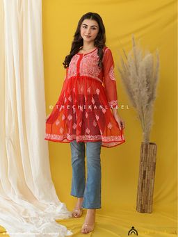 The Chikan Label - Red Georgette Chikankari Tunic