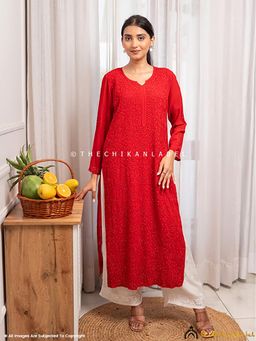 The Chikan Label - Rakul Preet Red Viscose Chikankari Straight Kurta