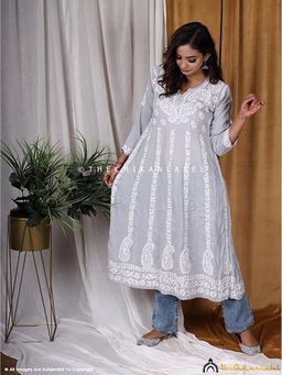 The Chikan Label - Grey Modal Cotton Chikankari Anarkali