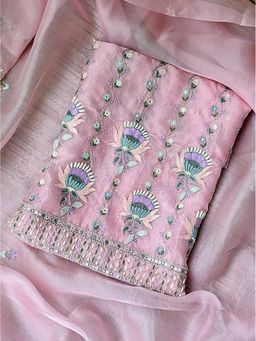 The Chikan Label - Pink Organza Chikankari Unstitched Kurti with Dupatta