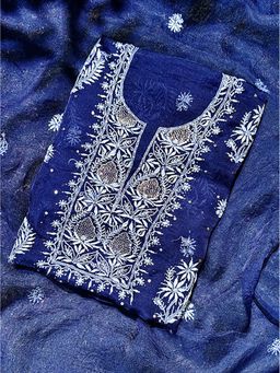 The Chikan Label - Blue Organza Chikankari Unstitched Kurti with Dupatta