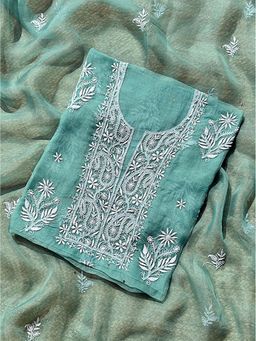 The Chikan Label - Green Organza Chikankari Unstitched Kurti with Dupatta