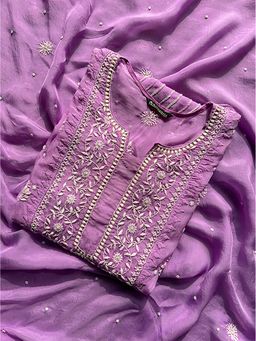 The Chikan Label - Purple Organza Chikankari Semi Stitched Kurti with Dupatta